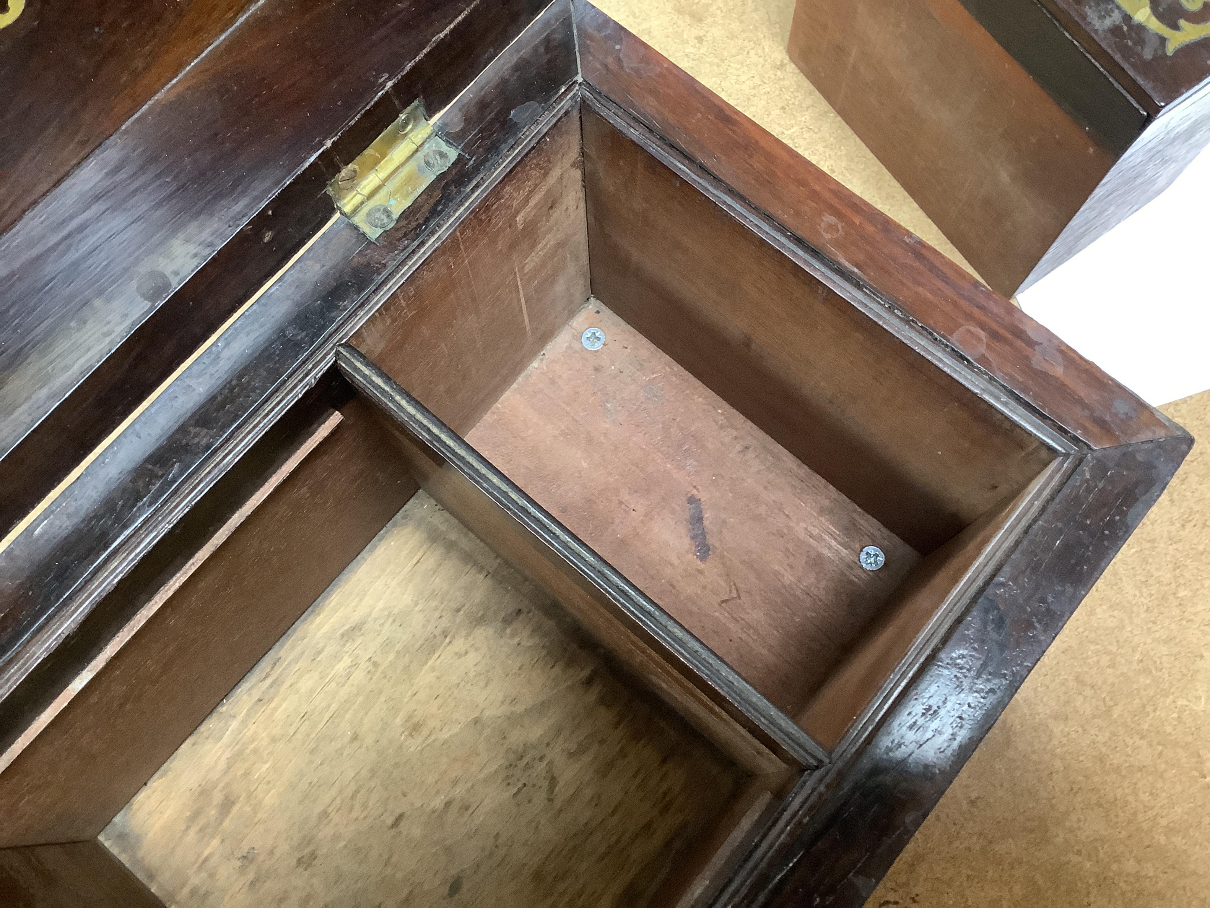 A William IV rosewood and cut brass inlaid tea caddy, 32cm wide